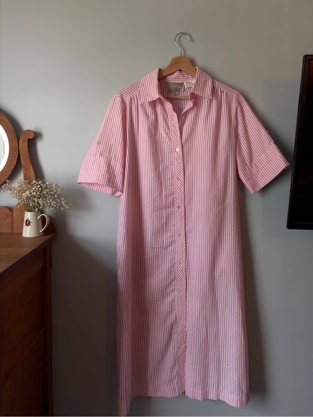 Vintage Sears Pink Striped Seersucker Button-Up Beach Cover-Up Shirt Dress